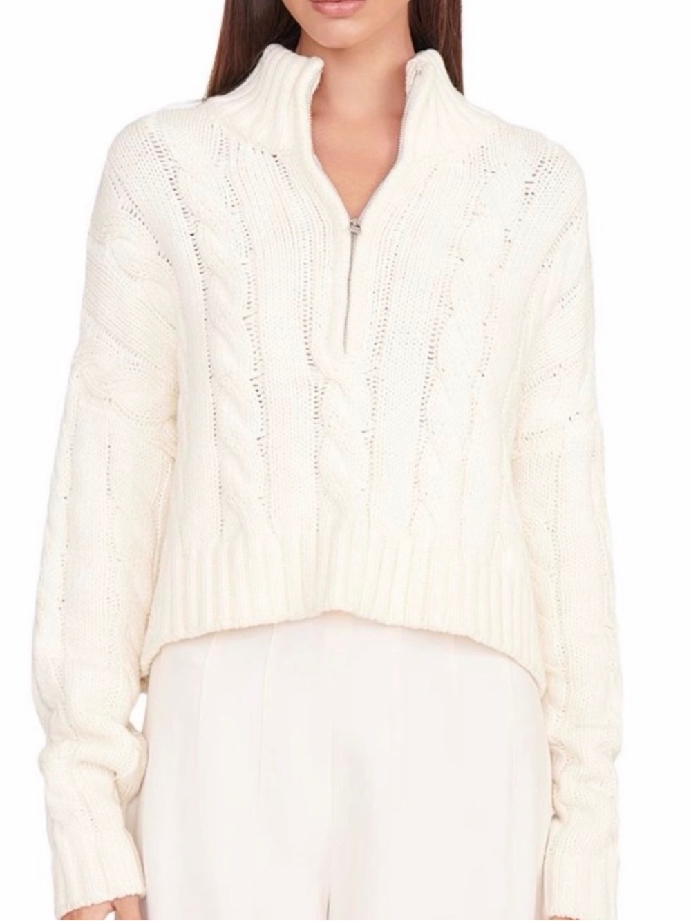 STAUD Women’s Ivory Cable-Knit 1/4 Zip Mock Neck Pullover Sweater M - Picture 4 of 11